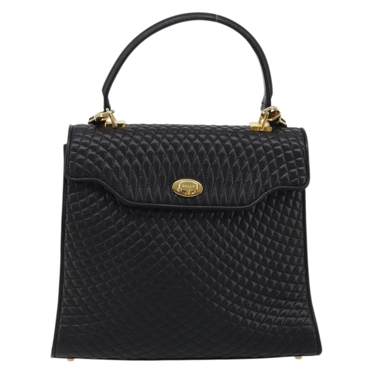BALLY Quilted Hand Bag Leather 2way Black Gold Auth BA12213A