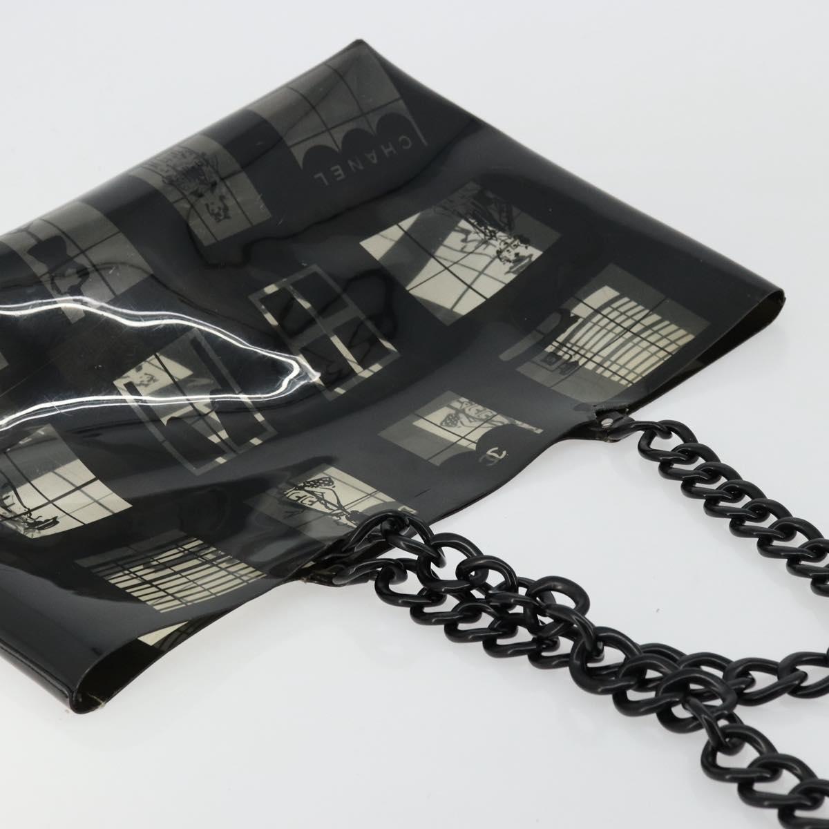 CHANEL Windows Line Chain Shoulder Tote Bag Vinyl Black Silver CC Auth BA12235