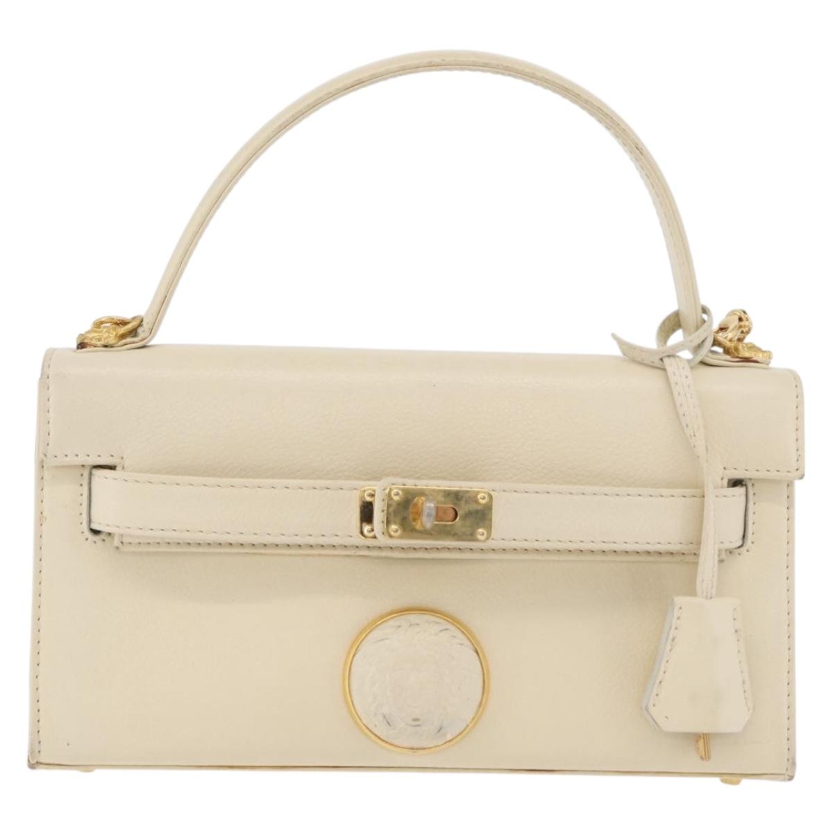 Gianni Versace Hand Bag Leather 2way White Gold Auth BA12237A