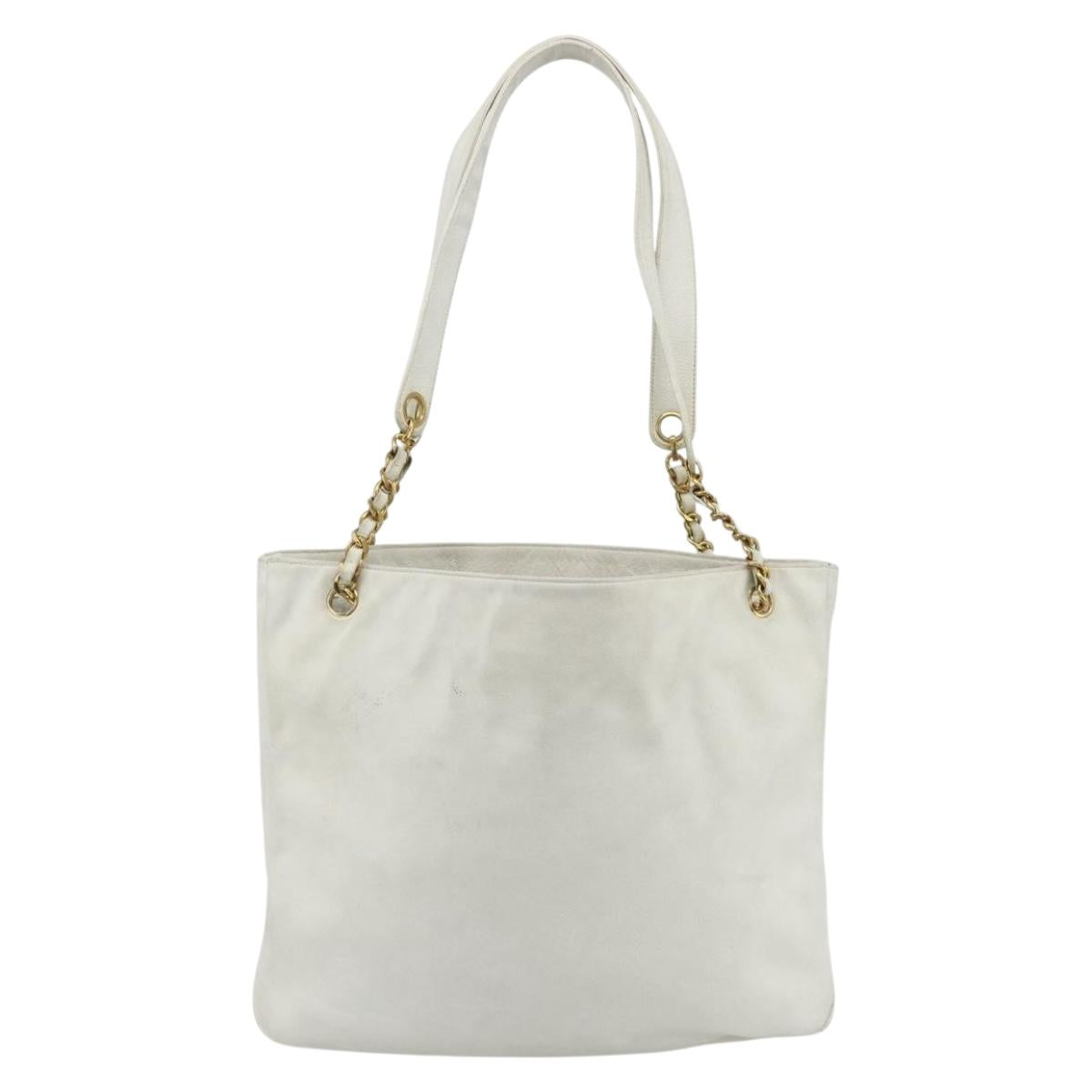 CHANEL Chain Shoulder Tote Bag Caviar Skin White Gold CC Auth BA12243