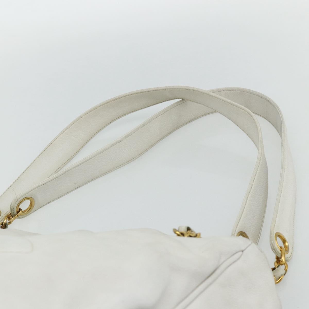 CHANEL Chain Shoulder Tote Bag Caviar Skin White Gold CC Auth BA12243
