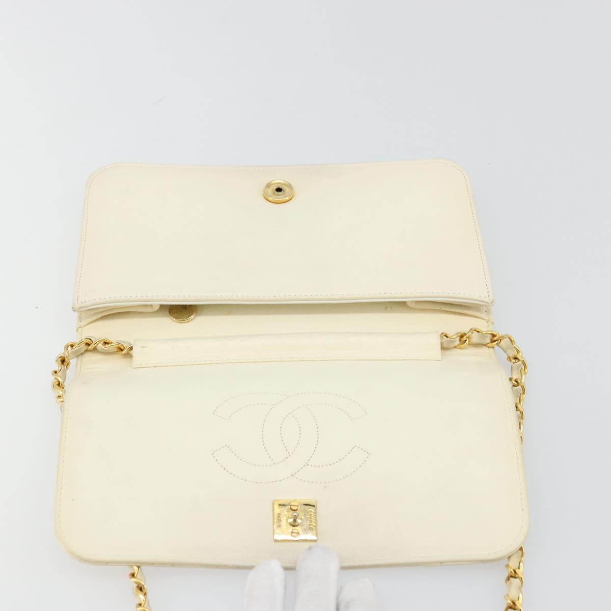 CHANEL Matelasse Chain Shoulder Bag Lamb Skin White Gold CC Auth BA12264