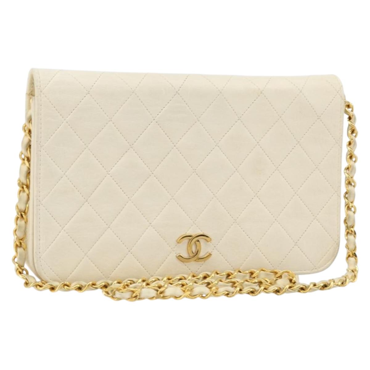 CHANEL Matelasse Chain Shoulder Bag Lamb Skin White Gold CC Auth BA12264