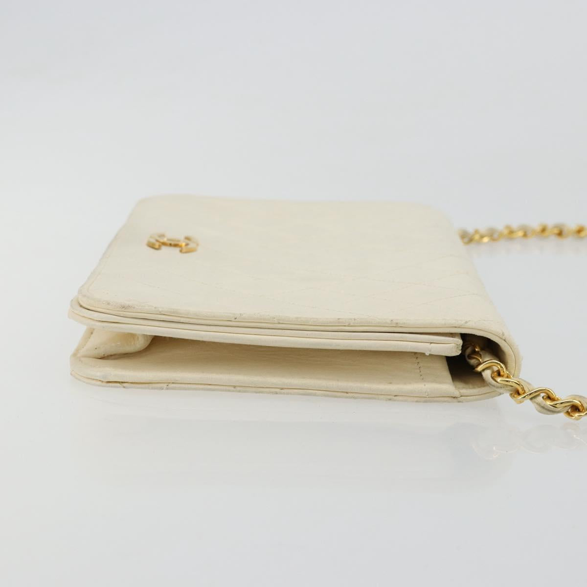 CHANEL Matelasse Chain Shoulder Bag Lamb Skin White Gold CC Auth BA12264