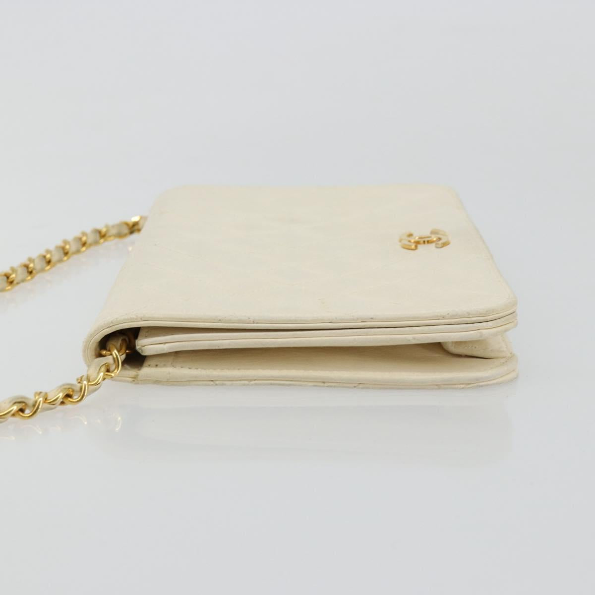 CHANEL Matelasse Chain Shoulder Bag Lamb Skin White Gold CC Auth BA12264