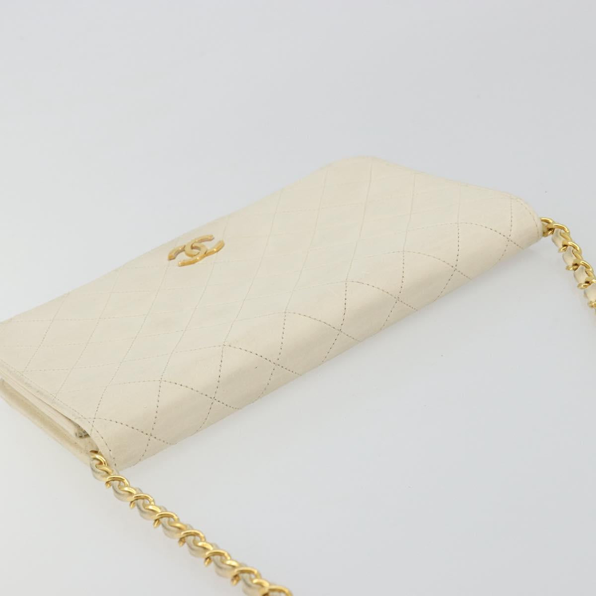 CHANEL Matelasse Chain Shoulder Bag Lamb Skin White Gold CC Auth BA12264