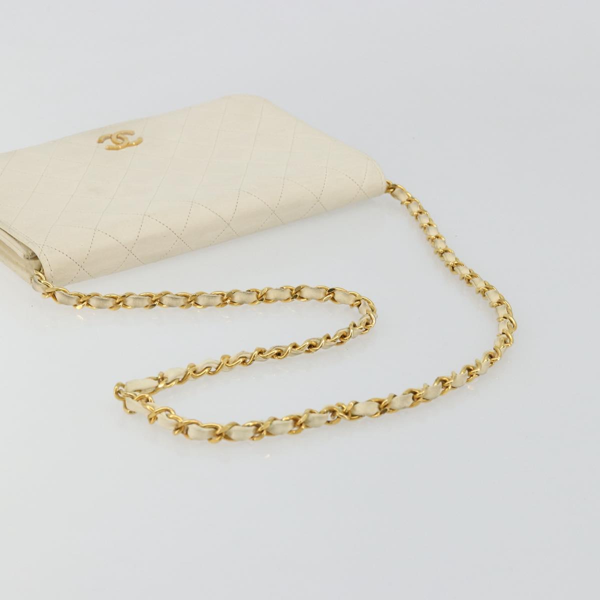 CHANEL Matelasse Chain Shoulder Bag Lamb Skin White Gold CC Auth BA12264