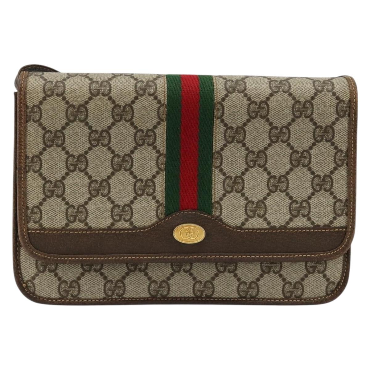 GUCCI GG Supreme Web Sherry Line Shoulder Bag PVC Beige Gold Auth BA12265
