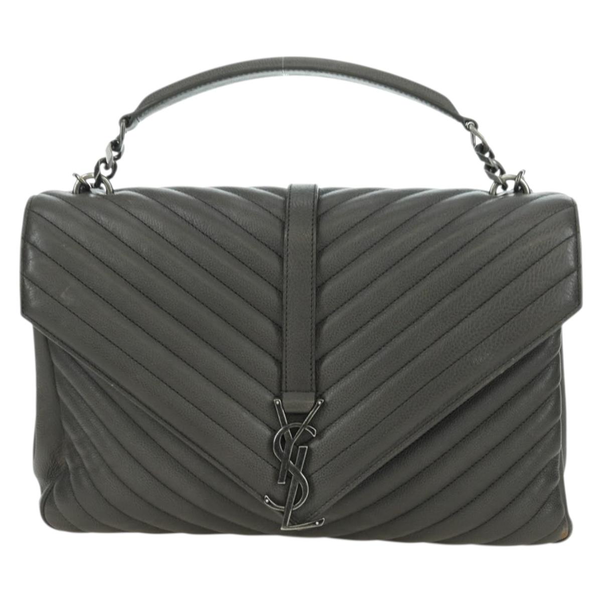 SAINT LAURENT Chain Shoulder Bag Leather Gray Silver Auth BA12267SAV