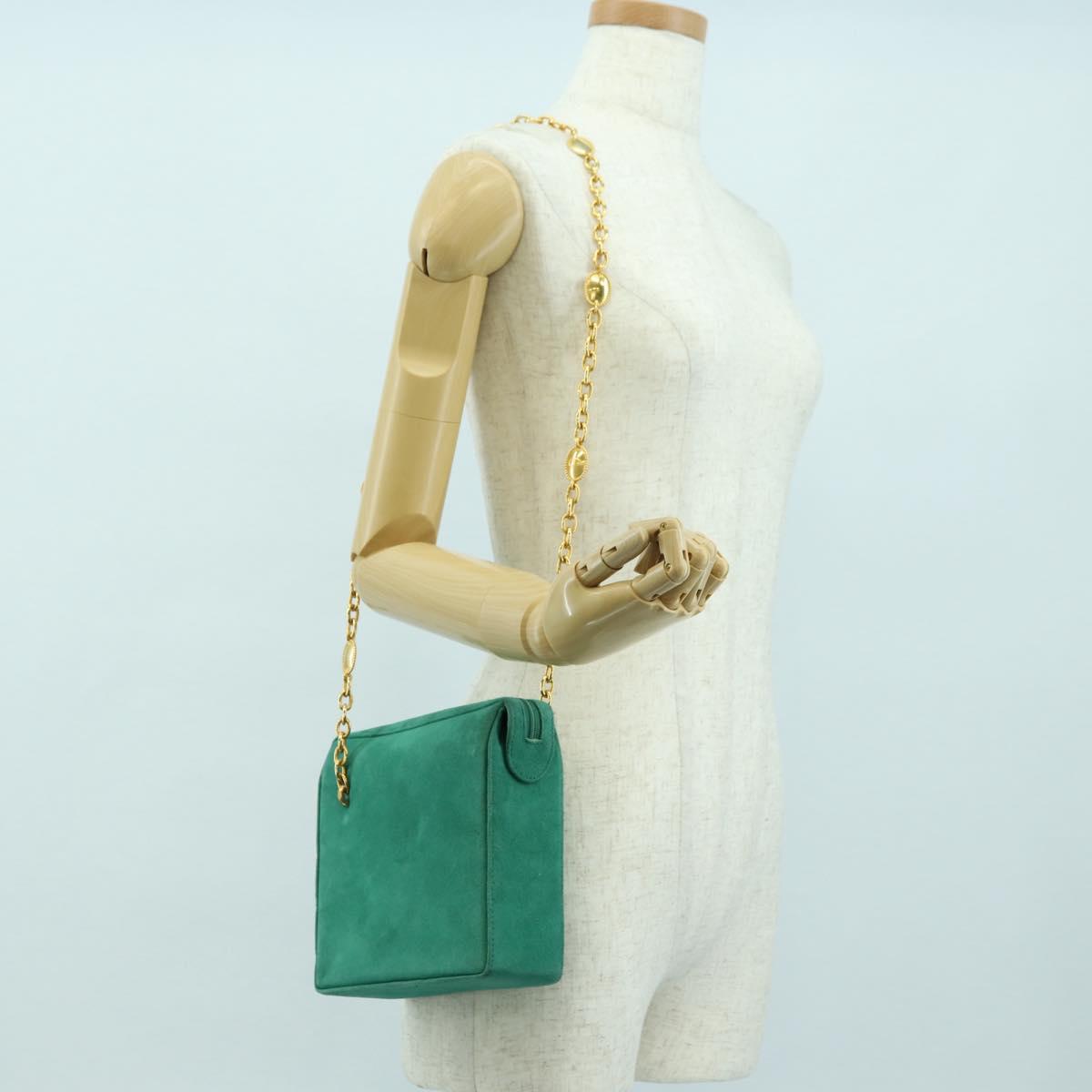 Christian Dior Chain Shoulder Bag Suede Green Gold Auth BA12278V