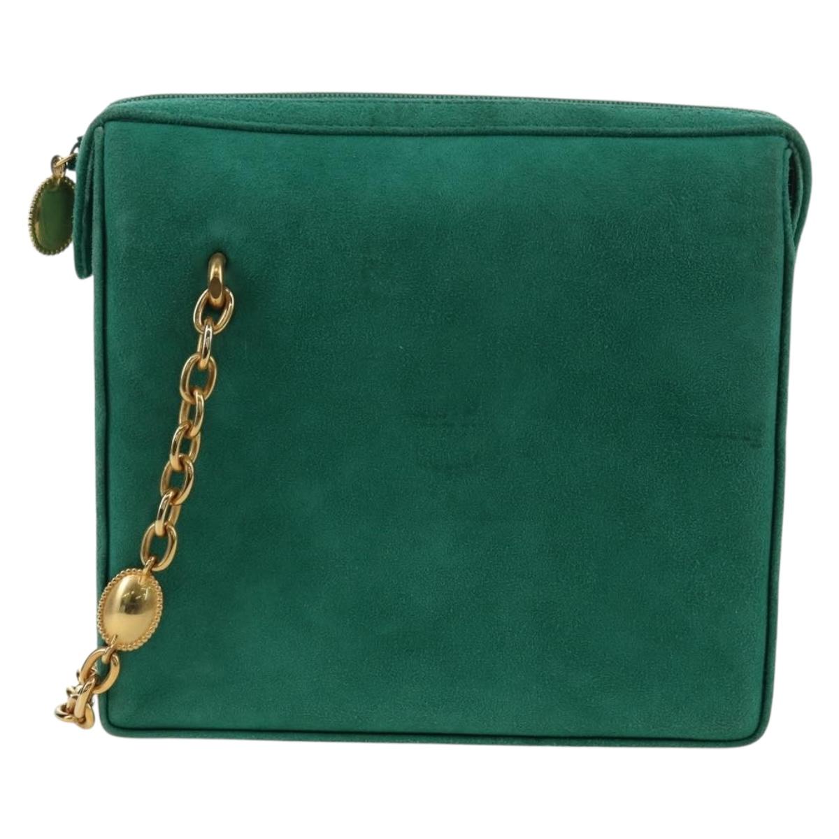 Christian Dior Chain Shoulder Bag Suede Green Gold Auth BA12278V
