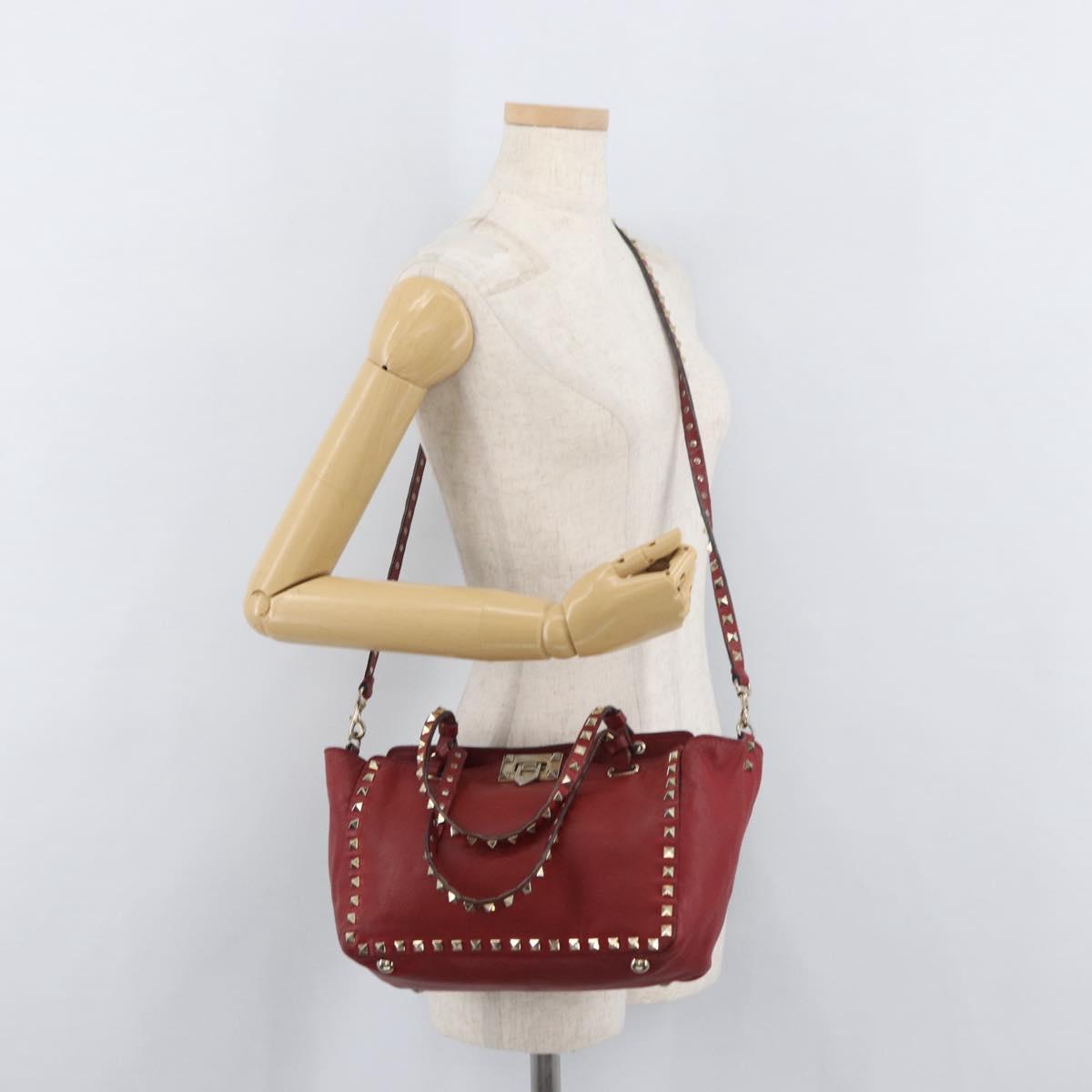 VALENTINO Rock Studs Hand Bag Leather 2way Red Gold Auth BA12287