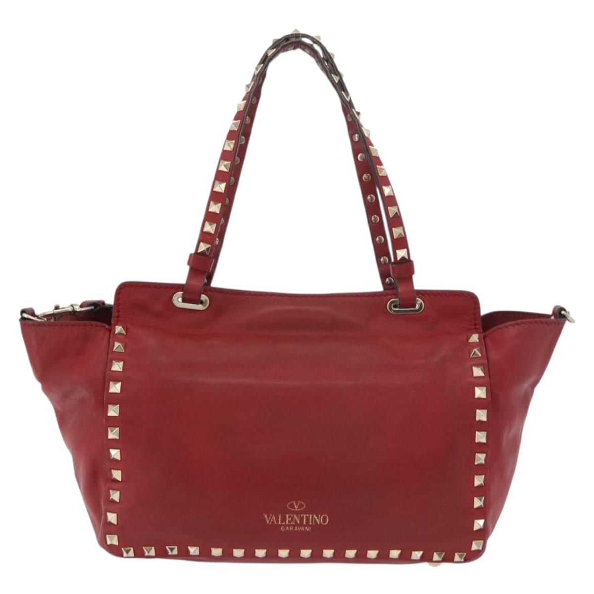 VALENTINO Rock Studs Hand Bag Leather 2way Red Gold Auth BA12287