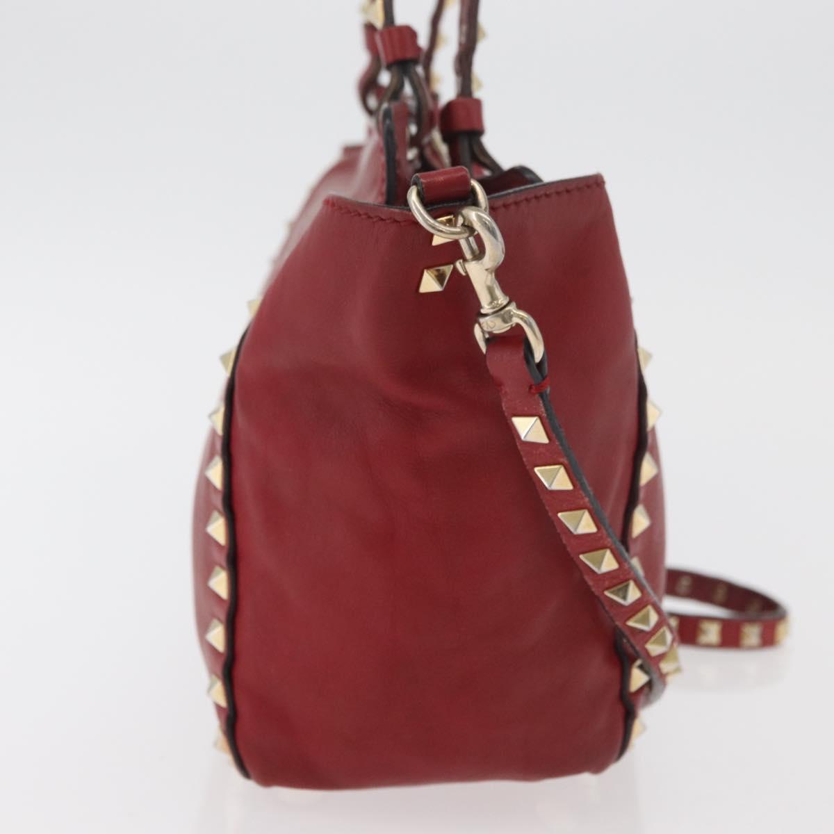VALENTINO Rock Studs Hand Bag Leather 2way Red Gold Auth BA12287