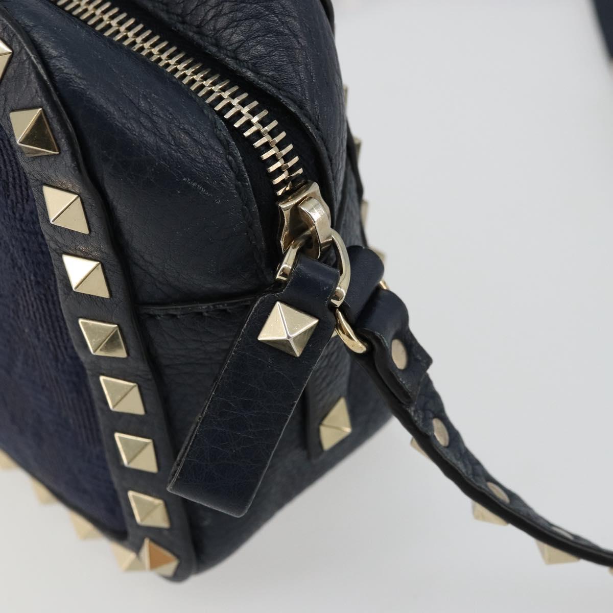 VALENTINO Rock Studs Shoulder Bag Leather Navy Gold Auth BA12296A