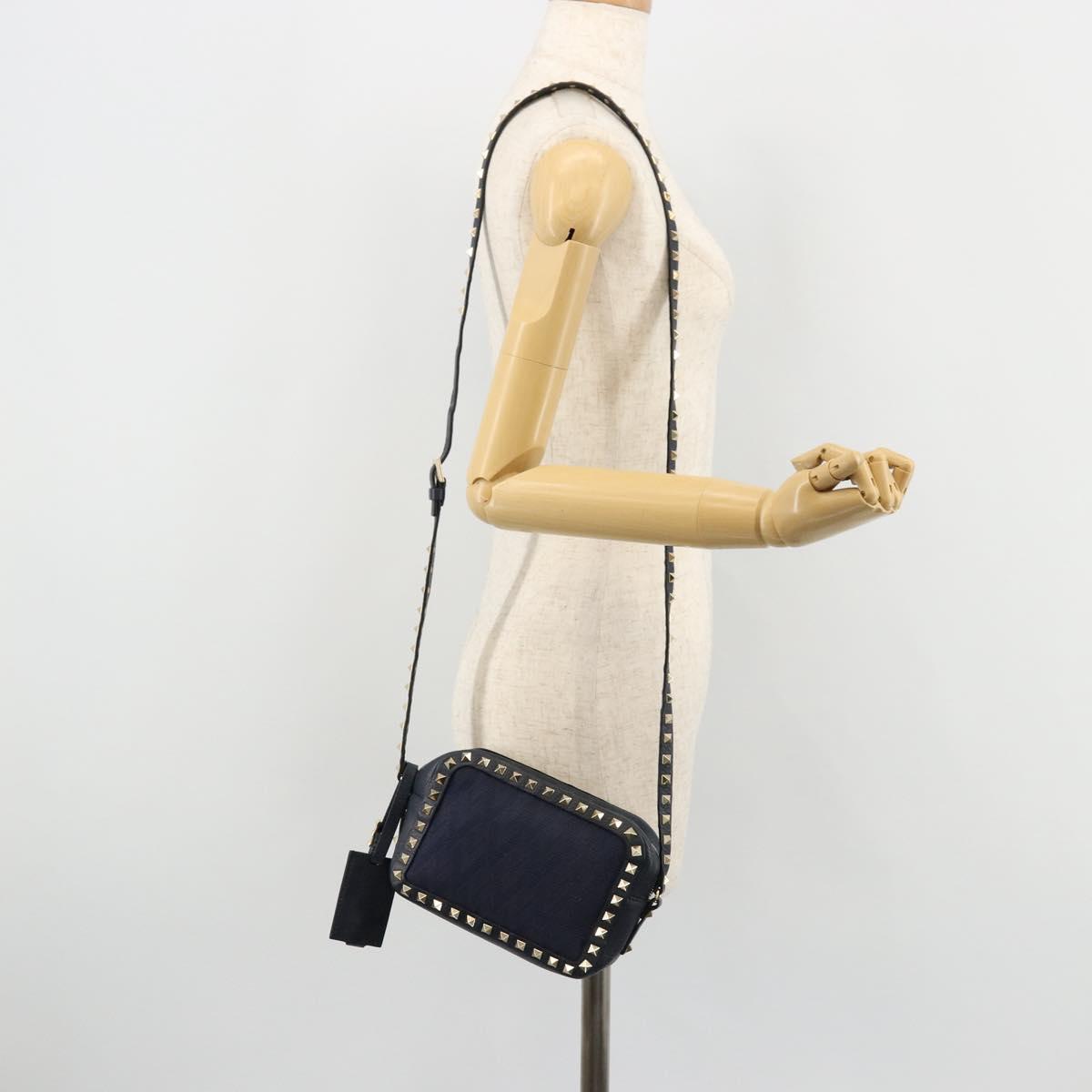 VALENTINO Rock Studs Shoulder Bag Leather Navy Gold Auth BA12296A