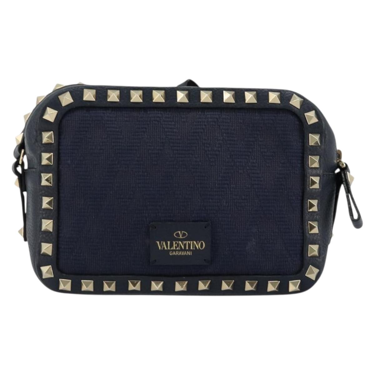VALENTINO Rock Studs Shoulder Bag Leather Navy Gold Auth BA12296A