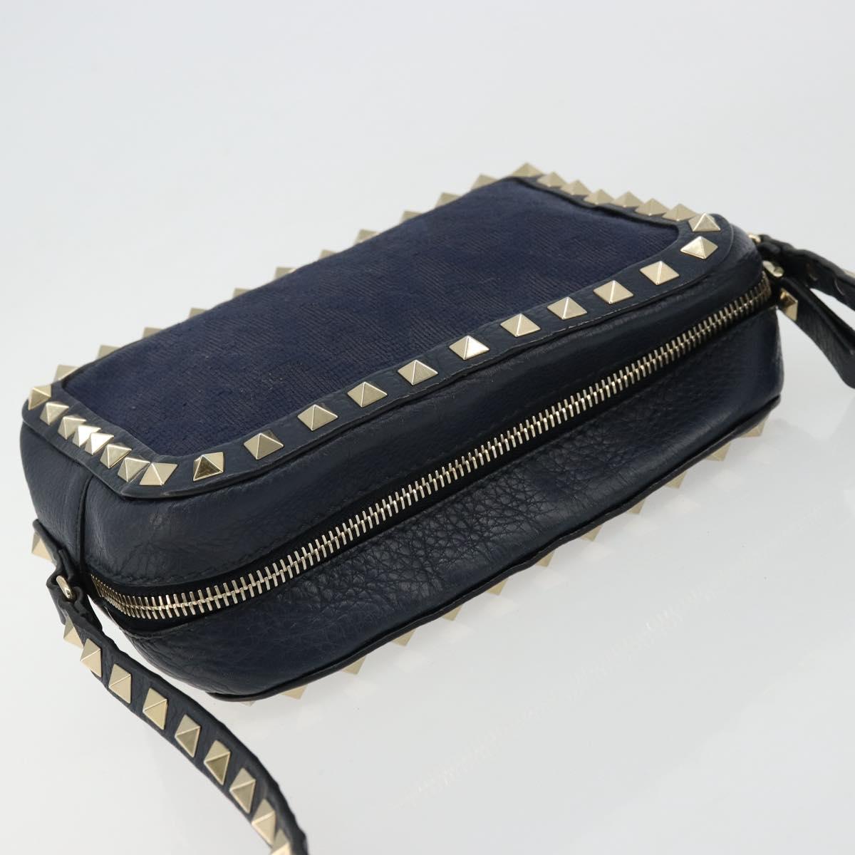 VALENTINO Rock Studs Shoulder Bag Leather Navy Gold Auth BA12296A