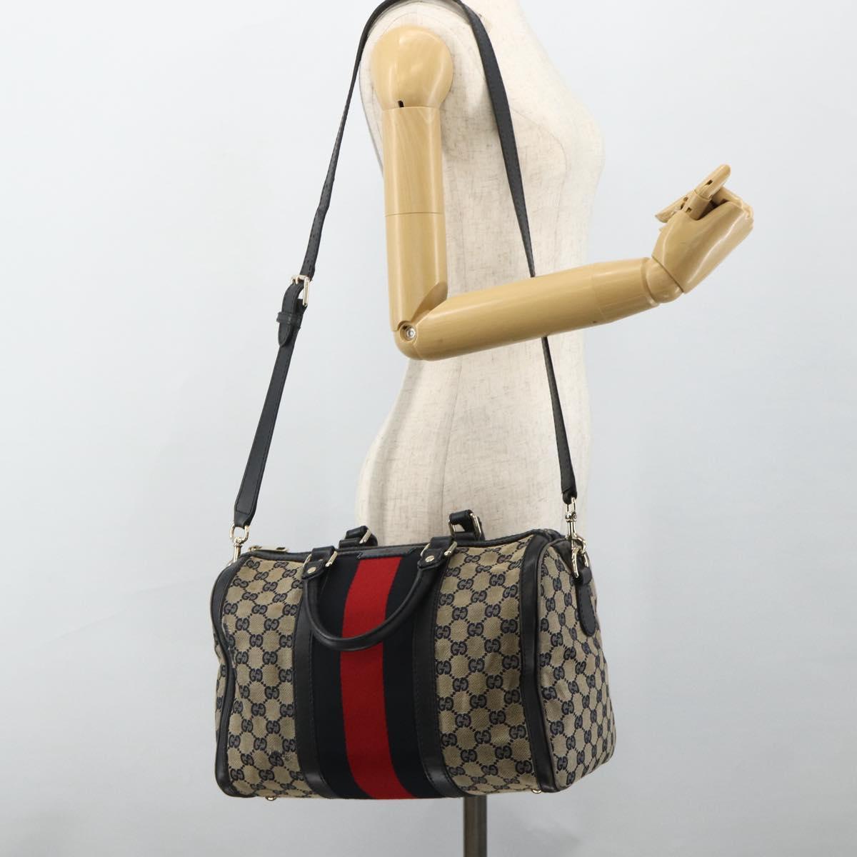 GUCCI GG Canvas Sherry Line Boston Bag 2way Navy Gold 247205 Auth BA12305