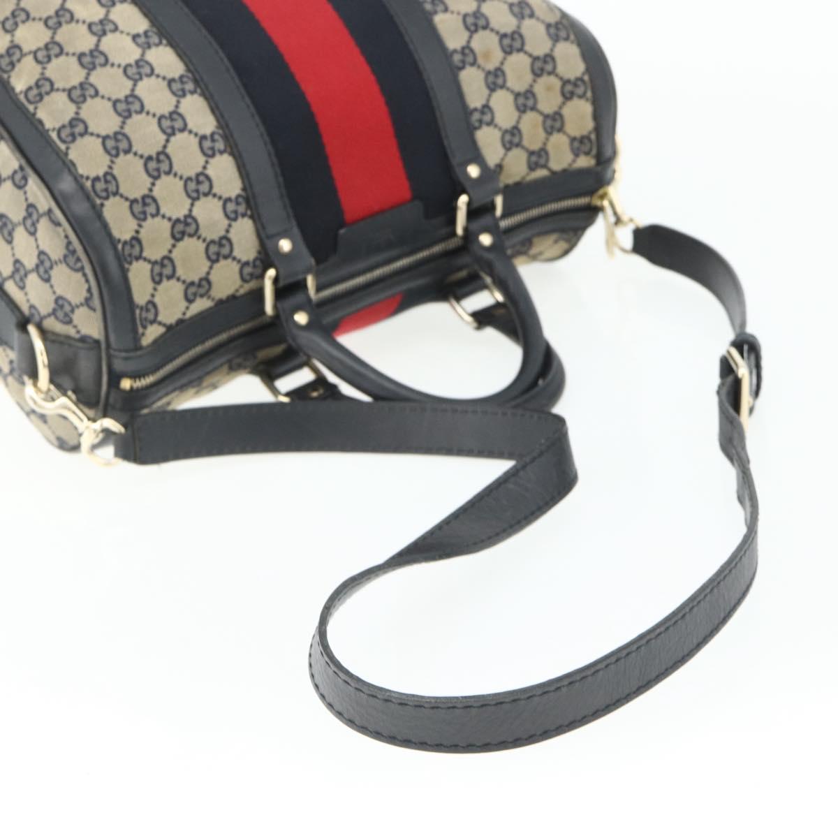 GUCCI GG Canvas Sherry Line Boston Bag 2way Navy Gold 247205 Auth BA12305