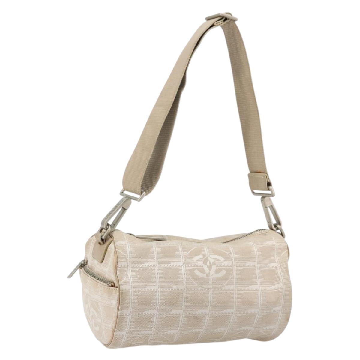 CHANEL New Travel Line Shoulder Bag Nylon Beige Silver CC Auth BA12317