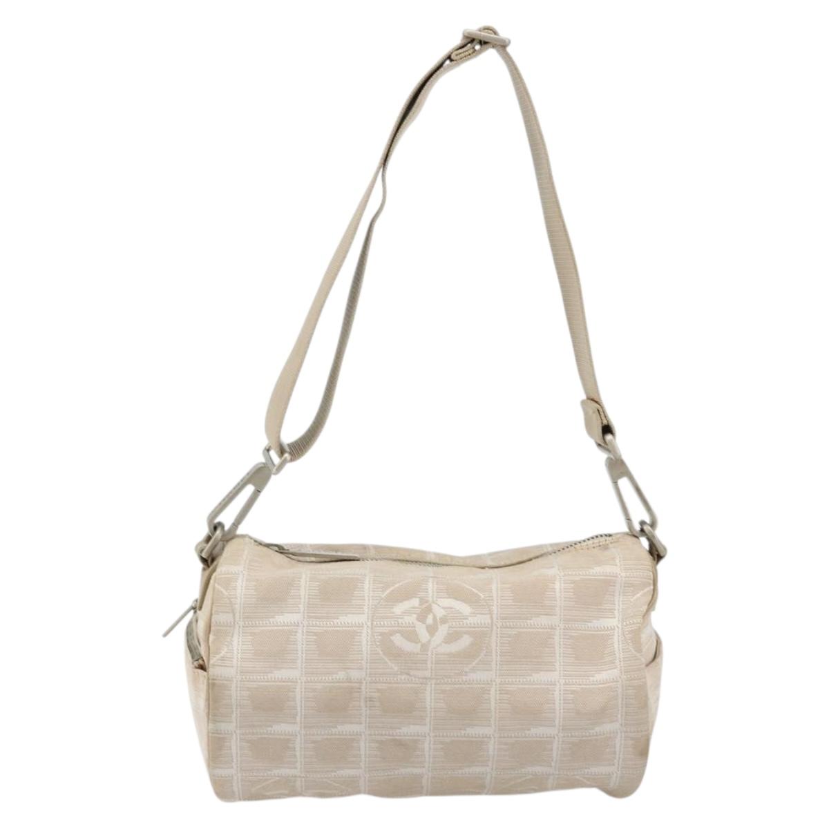 CHANEL New Travel Line Shoulder Bag Nylon Beige Silver CC Auth BA12317
