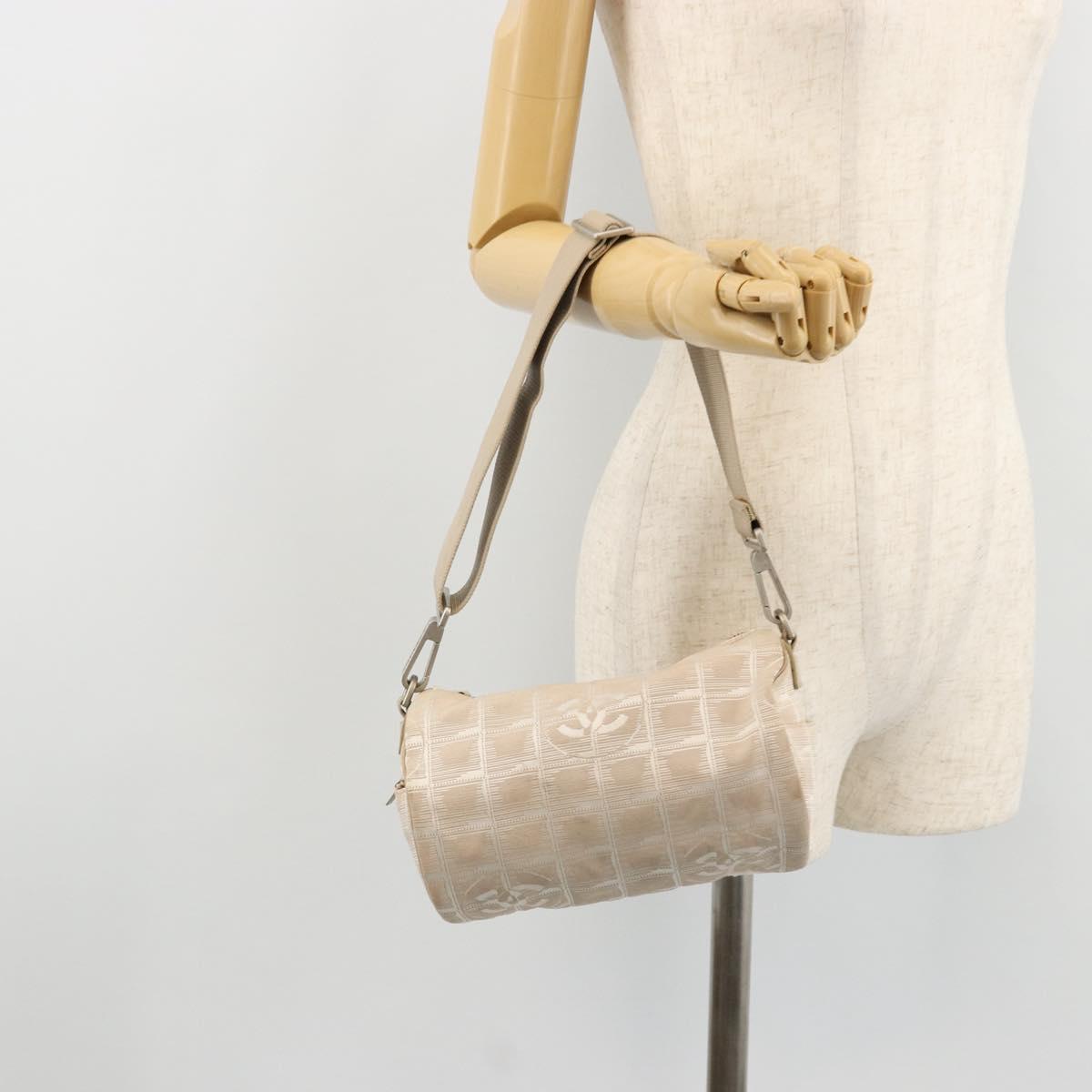 CHANEL New Travel Line Shoulder Bag Nylon Beige Silver CC Auth BA12317