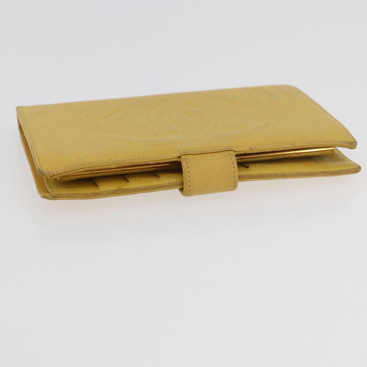 CHANEL COCO Mark Long Wallet Caviar Skin Yellow Gold CC Auth BA12318