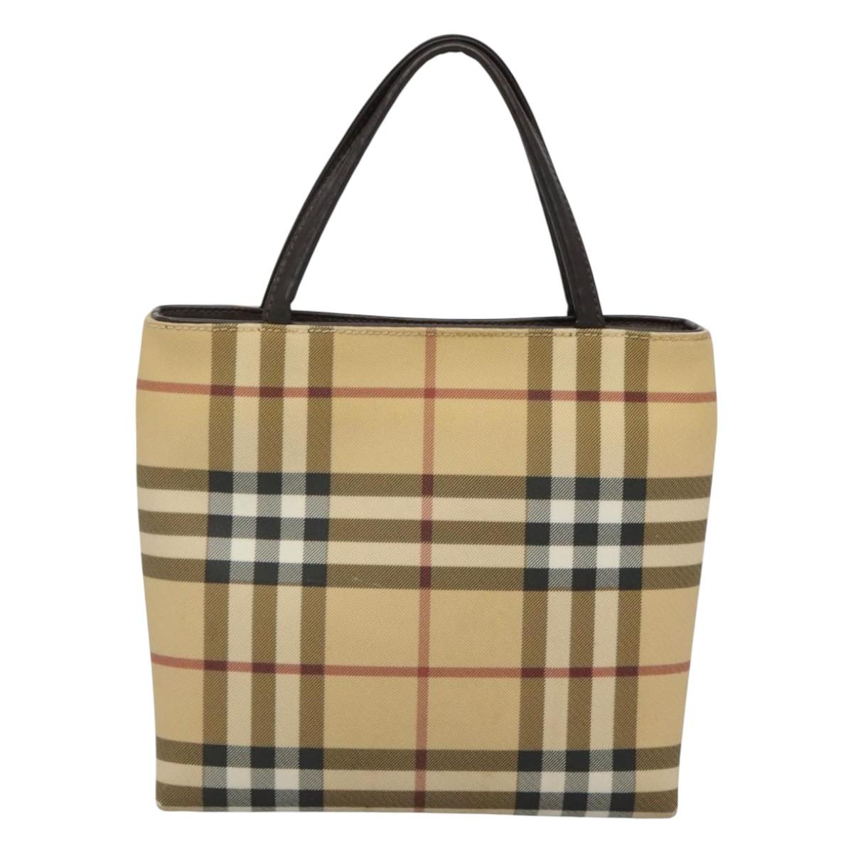 BURBERRY Nova Check Hand Bag PVC Beige Silver Auth BA1232