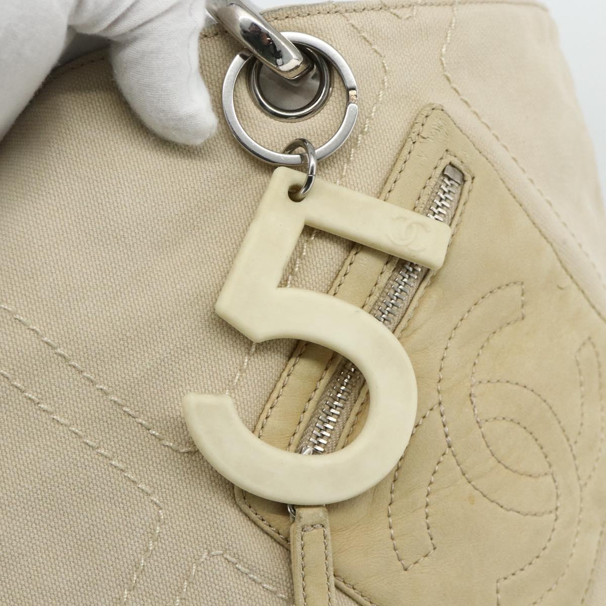 CHANEL Tote Bag Canvas Ivory Silver CC Auth BA12328
