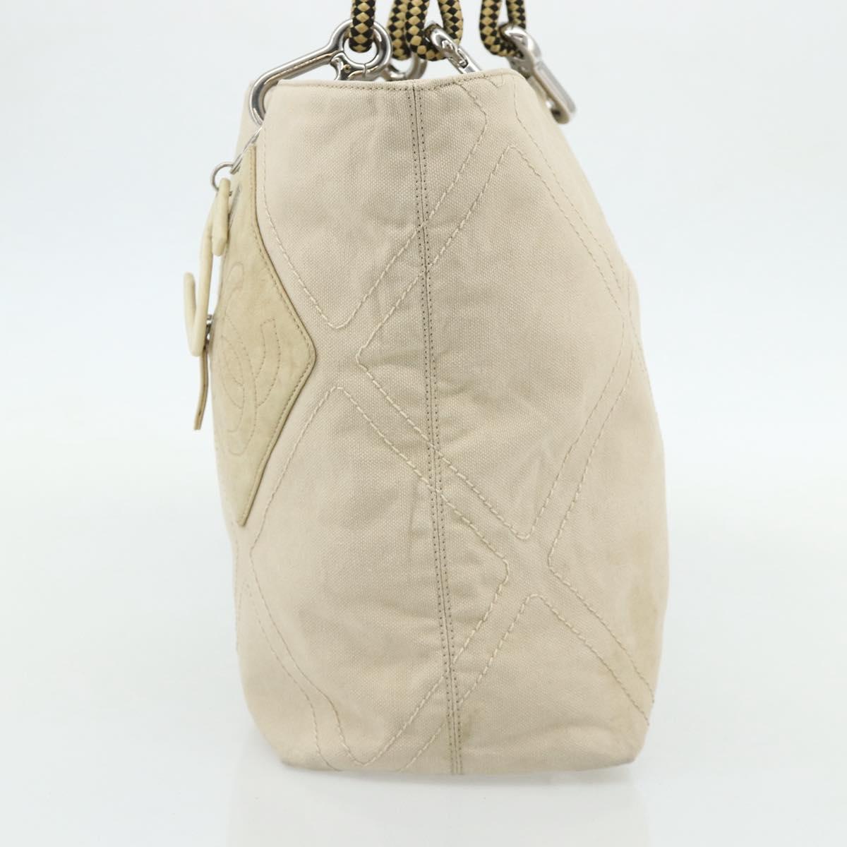 CHANEL Tote Bag Canvas Ivory Silver CC Auth BA12328