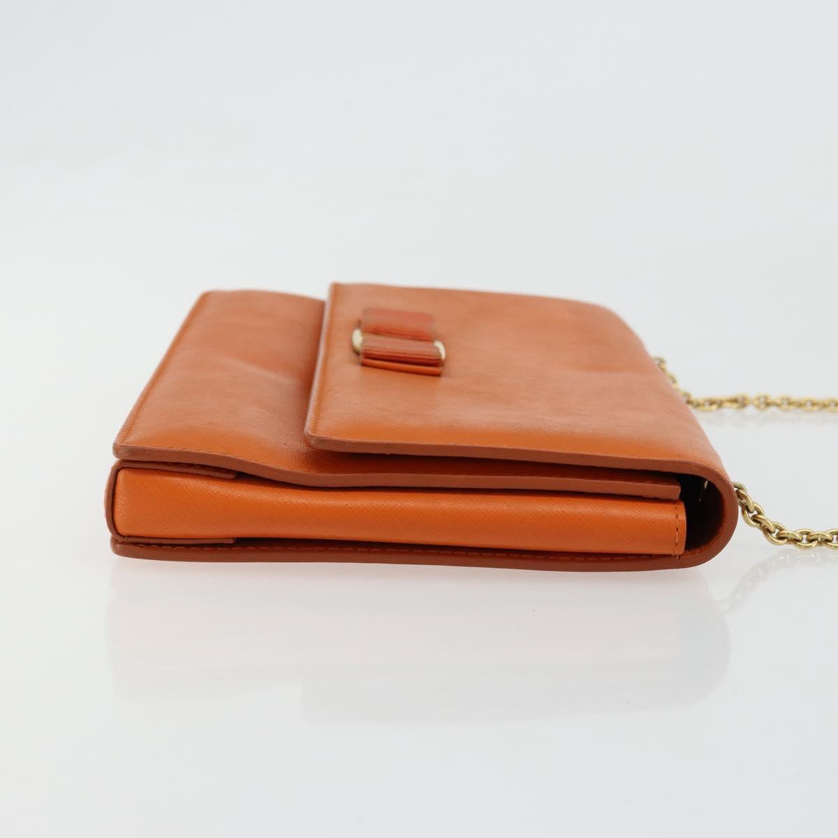 Salvatore Ferragamo Vala Chain Shoulder Bag Leather Orange Gold Auth BA12335