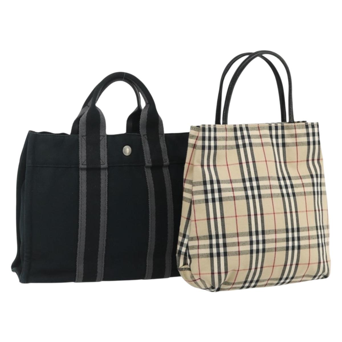 HERMES Burberry Nova Check Hand Bag Canvas 2 Set Beige Black Auth BA12351