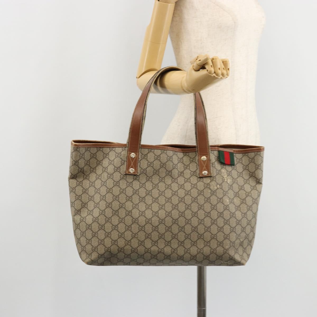 GUCCI GG Supreme Web Sherry Line Tote Bag PVC Beige Gold 211134 Auth BA12361