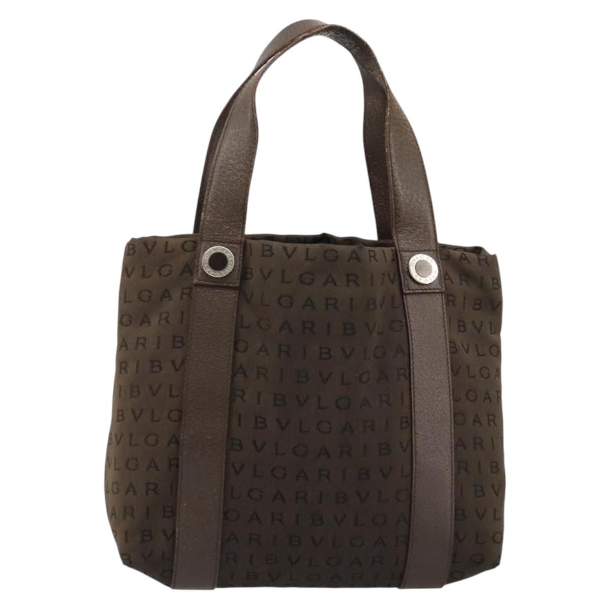 BVLGARI Logo Mania Hand Bag Canvas Brown Silver Auth BA12368