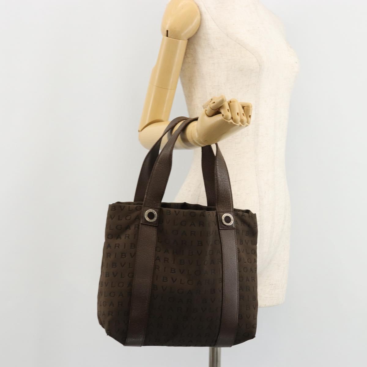 BVLGARI Logo Mania Hand Bag Canvas Brown Silver Auth BA12368