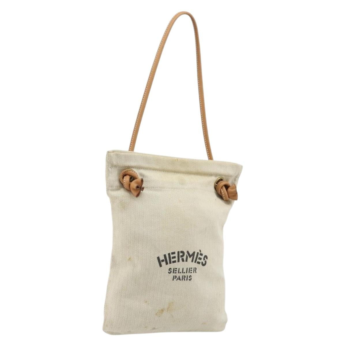 HERMES Hand Bag Canvas Beige Gold Auth BA12373