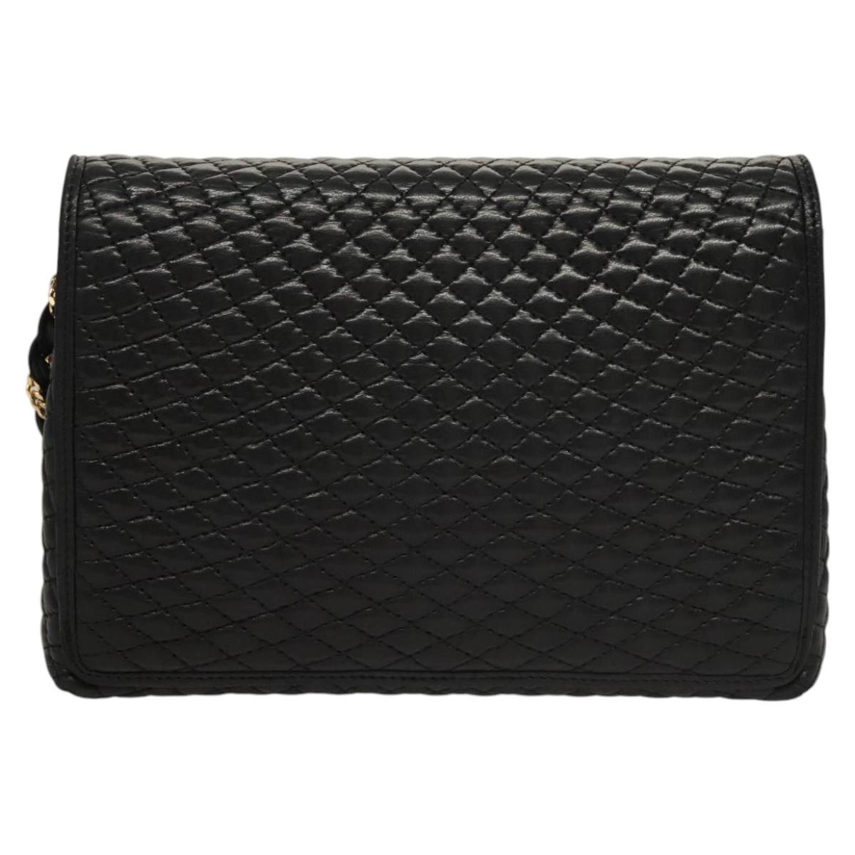 BALLY Quilted Chain Shoulder Bag Leather Black Gold Auth BA1239