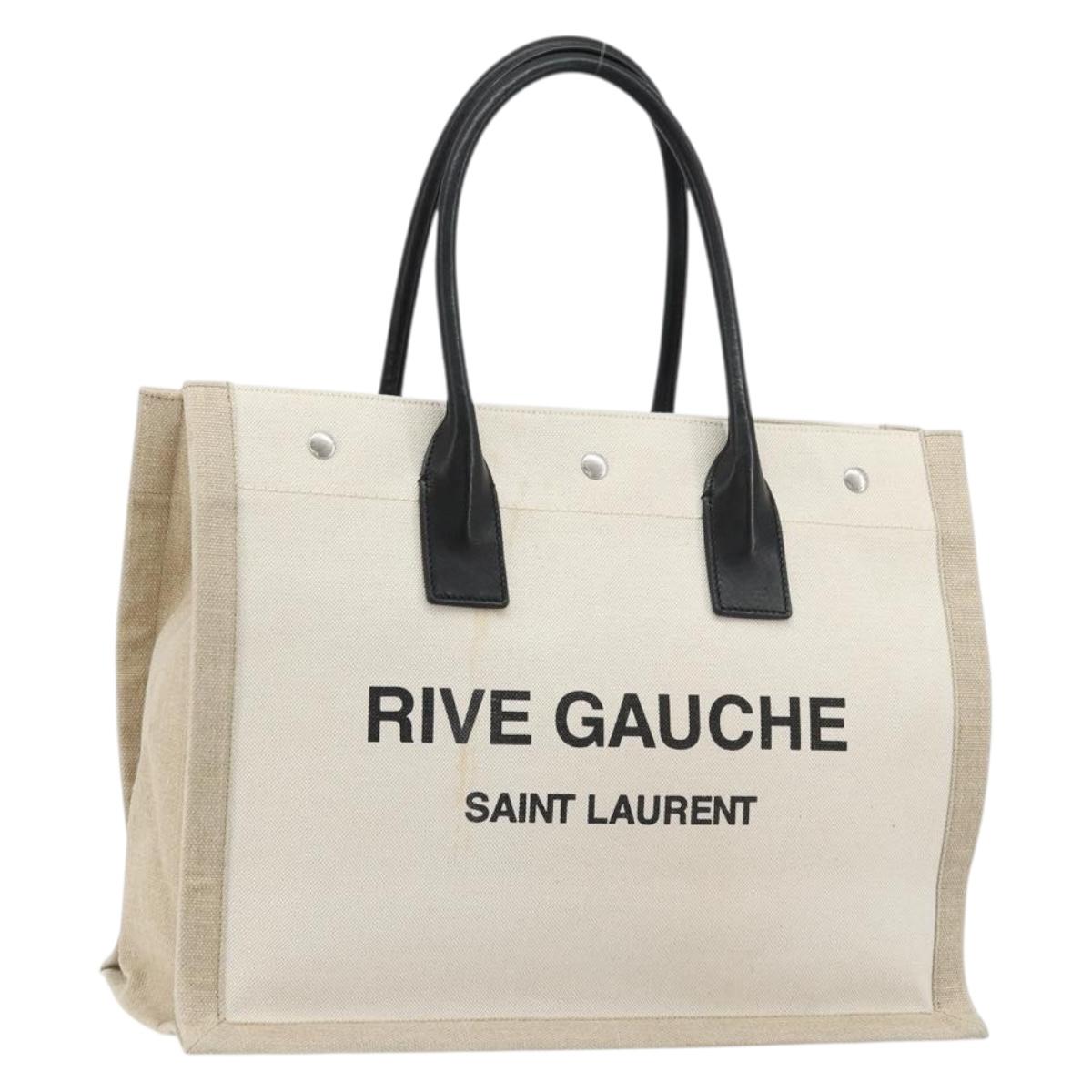 SAINT LAURENT Cabas Rive Gauche Bag Canvas Beige Silver 123435 Auth BA12394A