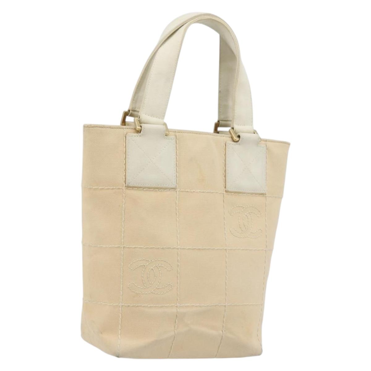 CHANEL Choco Bar Wild Stitch Hand Bag Canvas Beige Gold CC Auth BA12400A