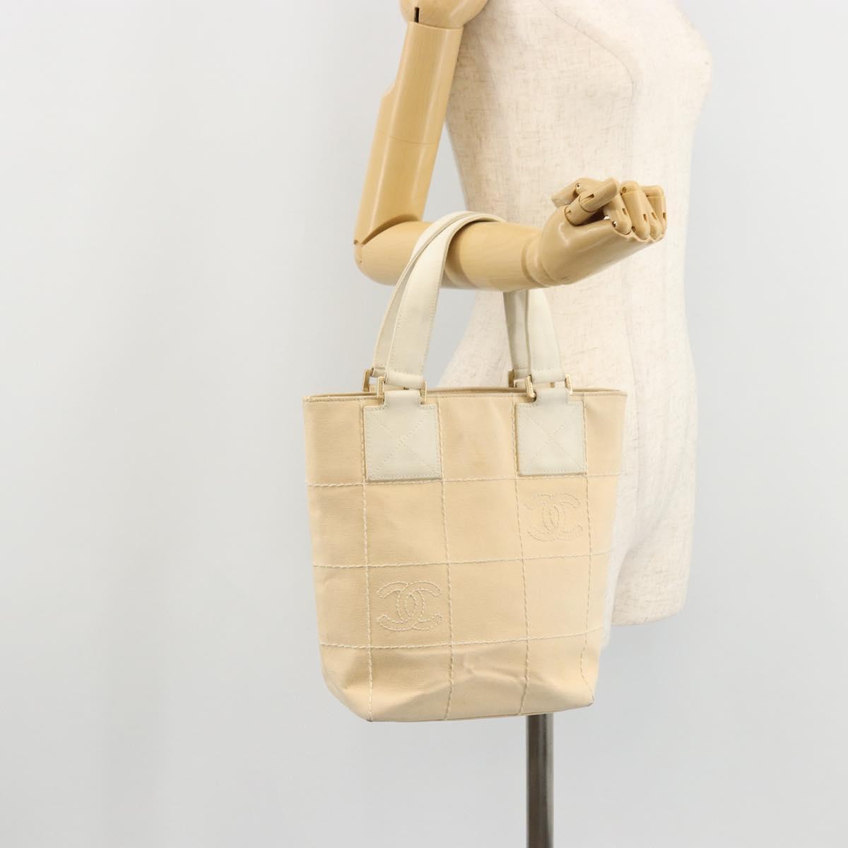 CHANEL Choco Bar Wild Stitch Hand Bag Canvas Beige Gold CC Auth BA12400A