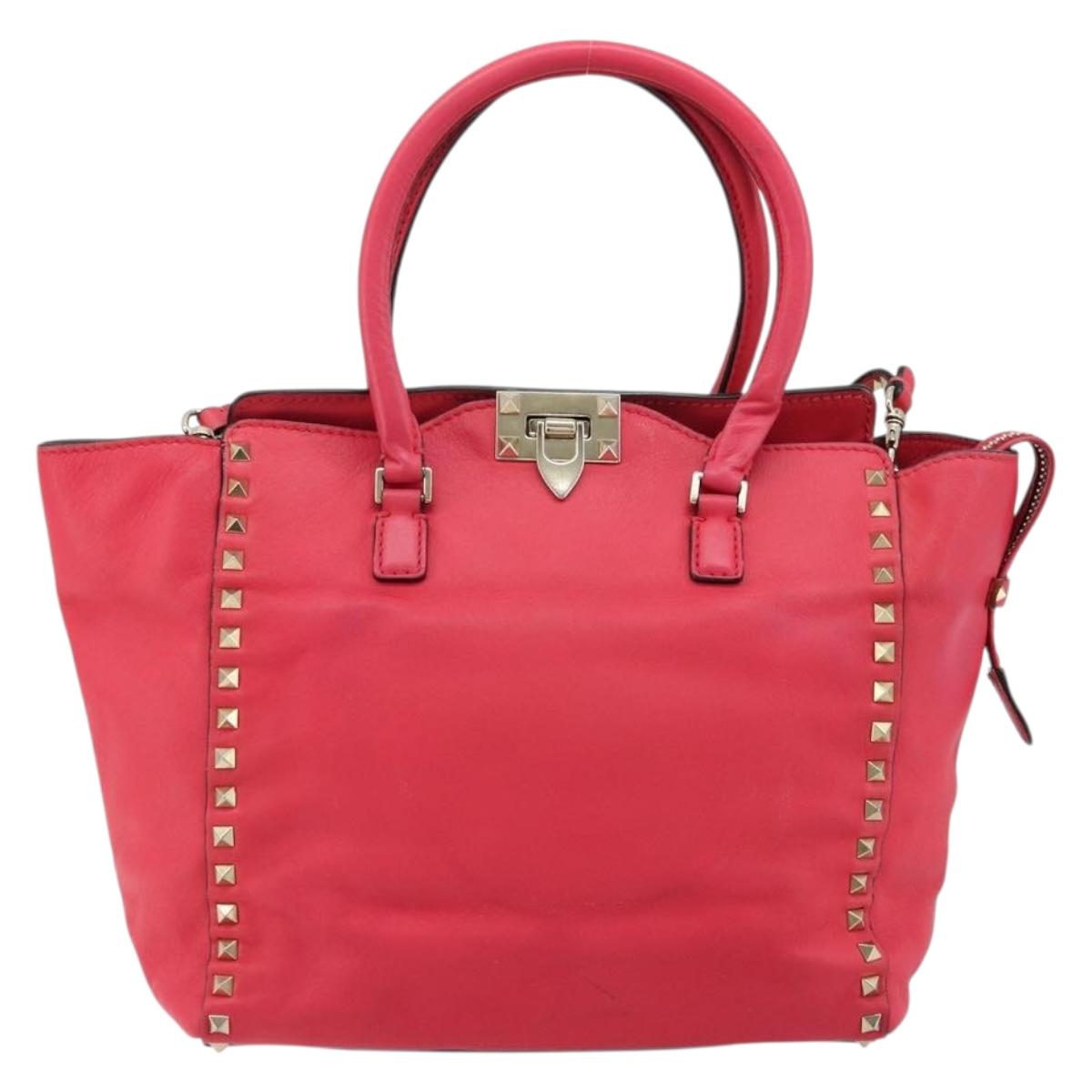 VALENTINO Tote Bag Leather 2way Red Gold Auth BA12401