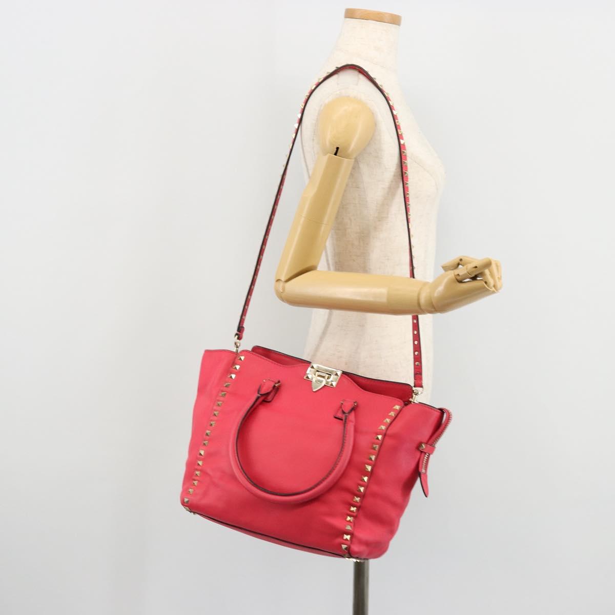 VALENTINO Tote Bag Leather 2way Red Gold Auth BA12401