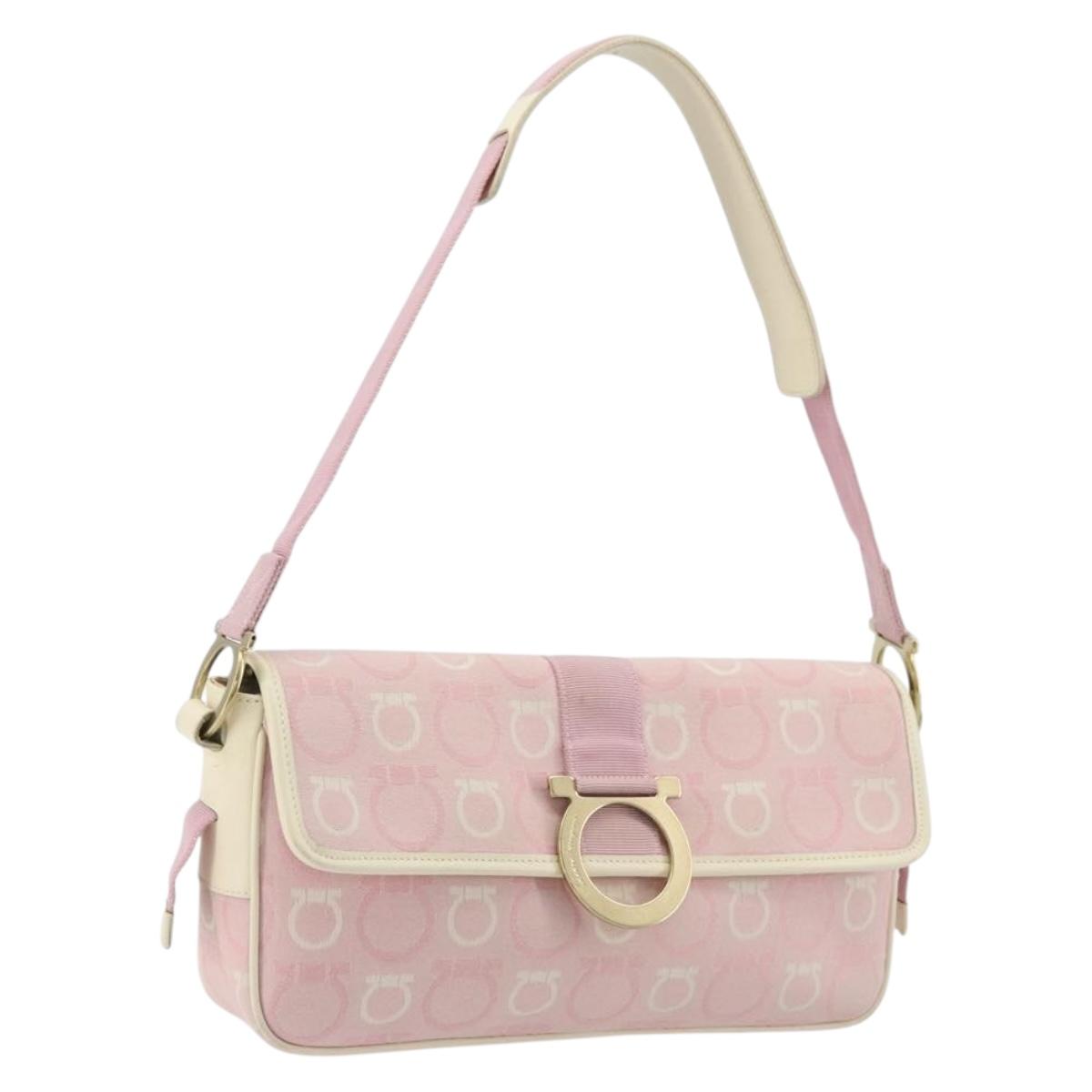 Salvatore Ferragamo Gancini Shoulder Bag Canvas Pink Gold Auth BA12412