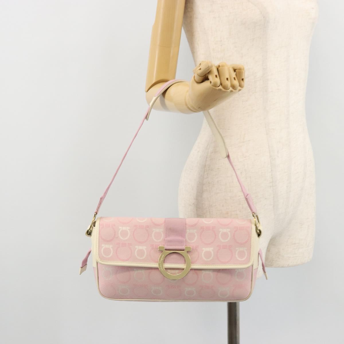 Salvatore Ferragamo Gancini Shoulder Bag Canvas Pink Gold Auth BA12412
