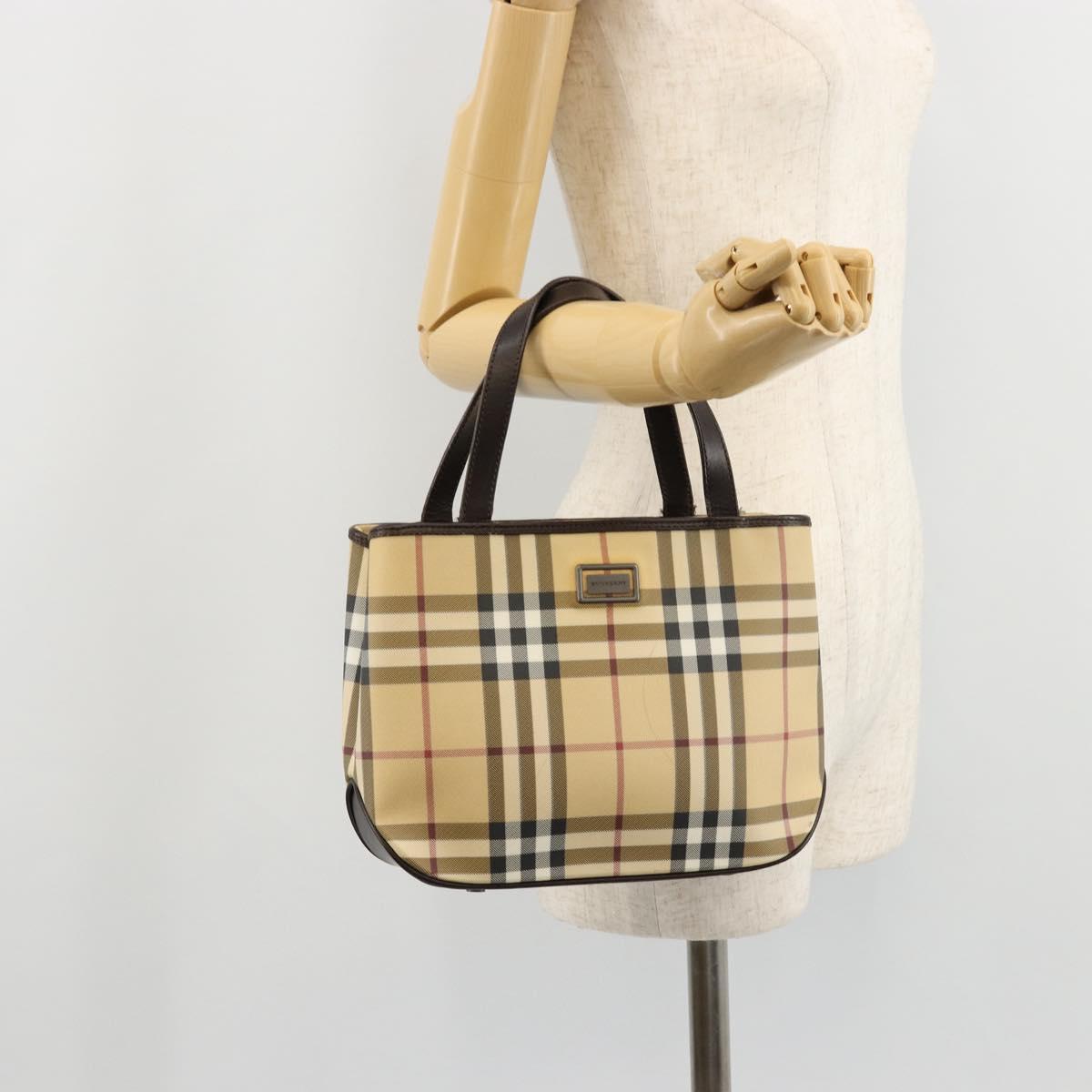 BURBERRY Nova Check Hand Bag PVC Leather Beige Auth BA12421