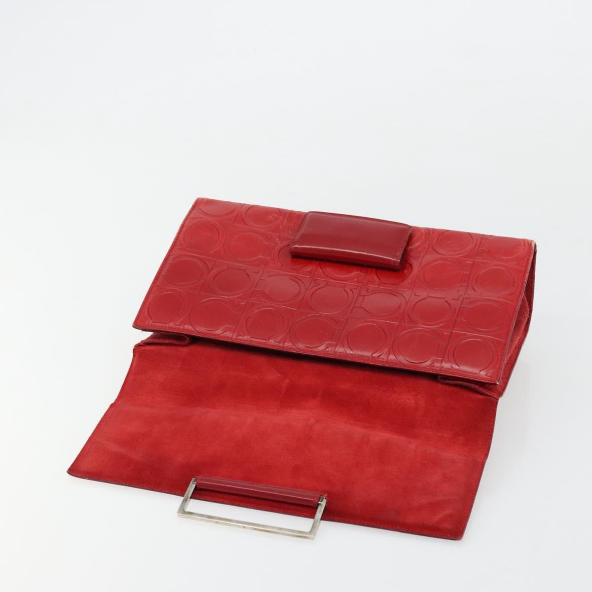Salvatore Ferragamo Gancini Hand Bag Leather Red Silver Auth BA12430