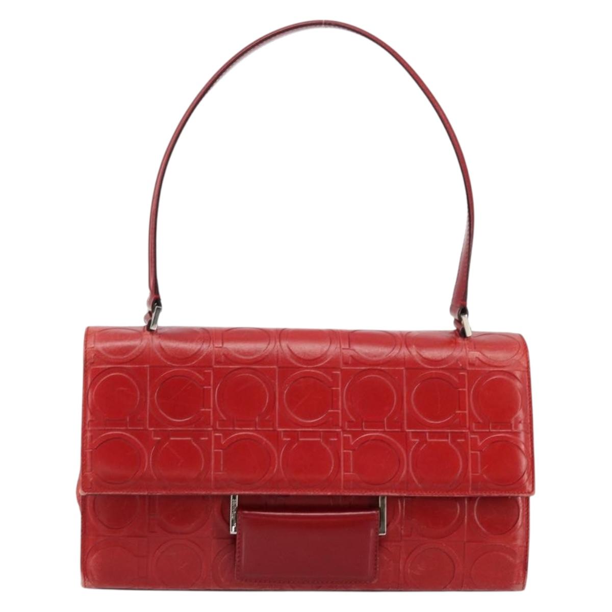 Salvatore Ferragamo Gancini Hand Bag Leather Red Silver Auth BA12430