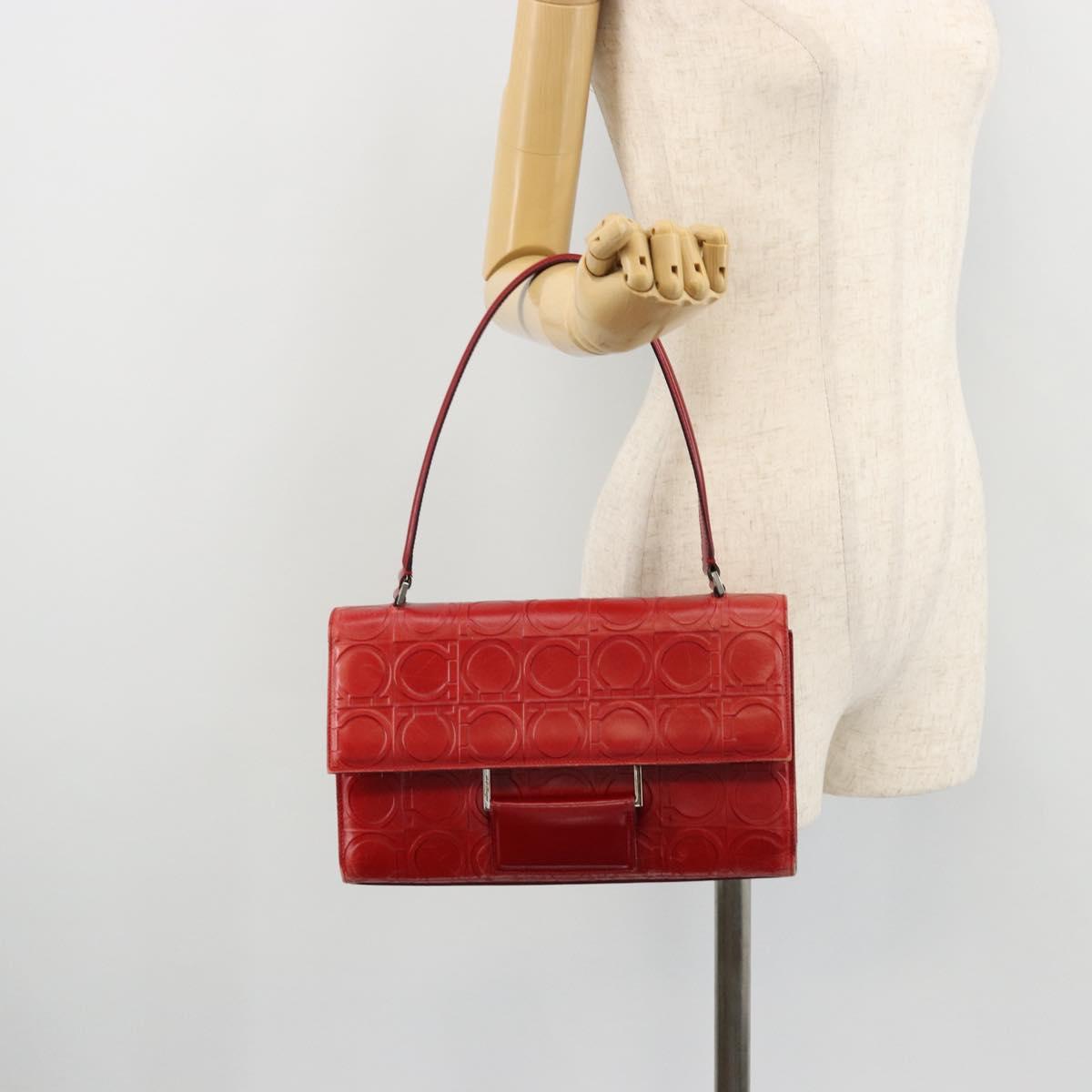 Salvatore Ferragamo Gancini Hand Bag Leather Red Silver Auth BA12430