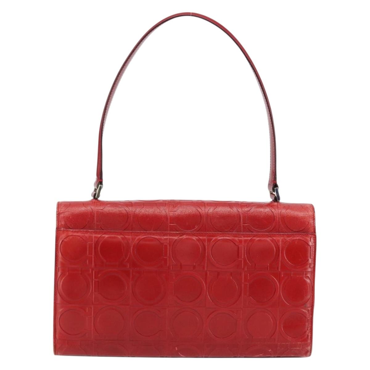 Salvatore Ferragamo Gancini Hand Bag Leather Red Silver Auth BA12430